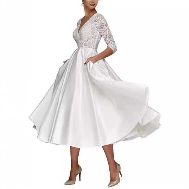 Bridal Deep V-neck Slim Lace Mid-length Long Sleeve Wedding Dress - Memoriex 