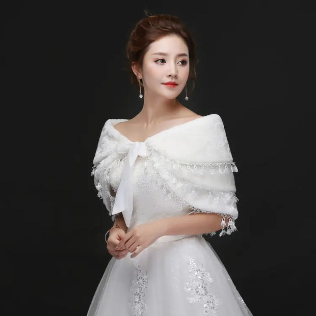 Bridal Plush Shawl Wedding Dress Winter Warm Three-layer Tassel Shawl - Memoriex 
