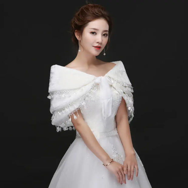 Bridal Plush Shawl Wedding Dress Winter Warm Three-layer Tassel Shawl - Memoriex 