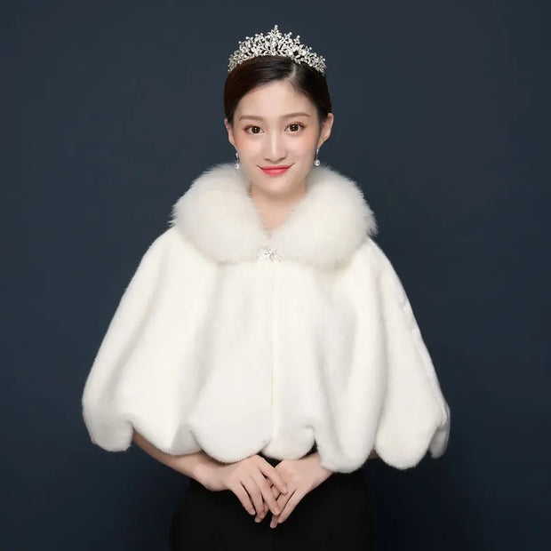 Bride's wedding dress fur shawl women's warm white cloak cheongsam jacket red cloak - Memoriex 
