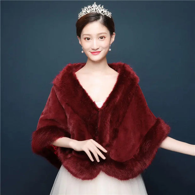 Bride's wedding dress fur shawl women's warm white cloak cheongsam jacket red cloak - Memoriex 