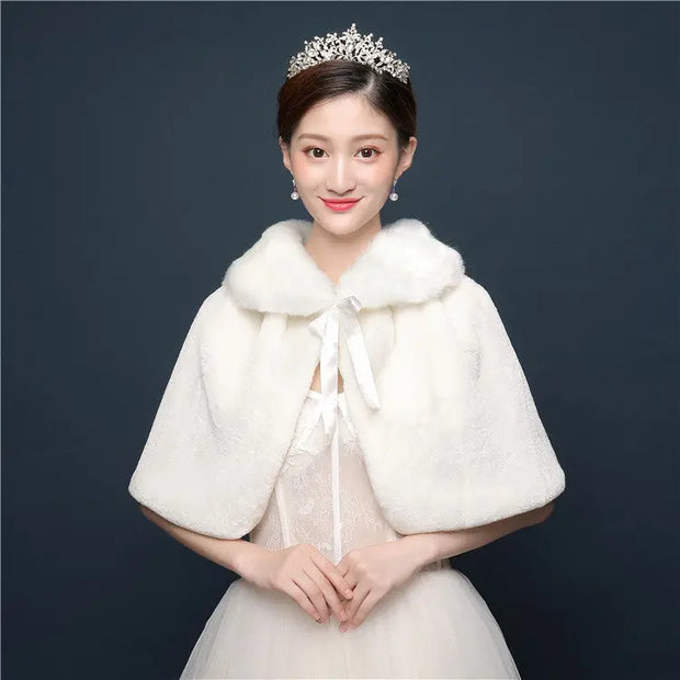 Bride's wedding dress fur shawl women's warm white cloak cheongsam jacket red cloak - Memoriex 