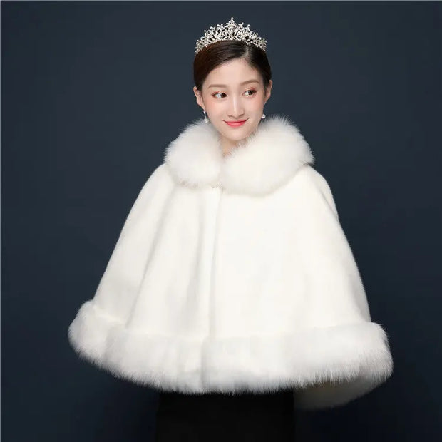 Bride's wedding dress fur shawl women's warm white cloak cheongsam jacket red cloak - Memoriex 