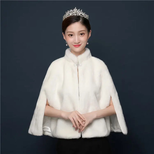 Bride's wedding dress fur shawl women's warm white cloak cheongsam jacket red cloak - Memoriex 