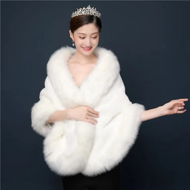 Bride's wedding dress fur shawl women's warm white cloak cheongsam jacket red cloak - Memoriex 