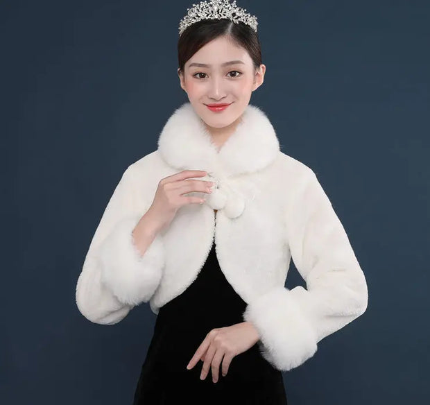 Bride's wedding dress fur shawl women's warm white cloak cheongsam jacket red cloak - Memoriex 