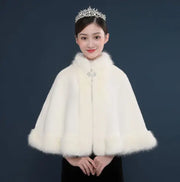 Bride's wedding dress fur shawl women's warm white cloak cheongsam jacket red cloak - Memoriex 