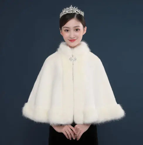Bride's wedding dress fur shawl women's warm white cloak cheongsam jacket red cloak - Memoriex 