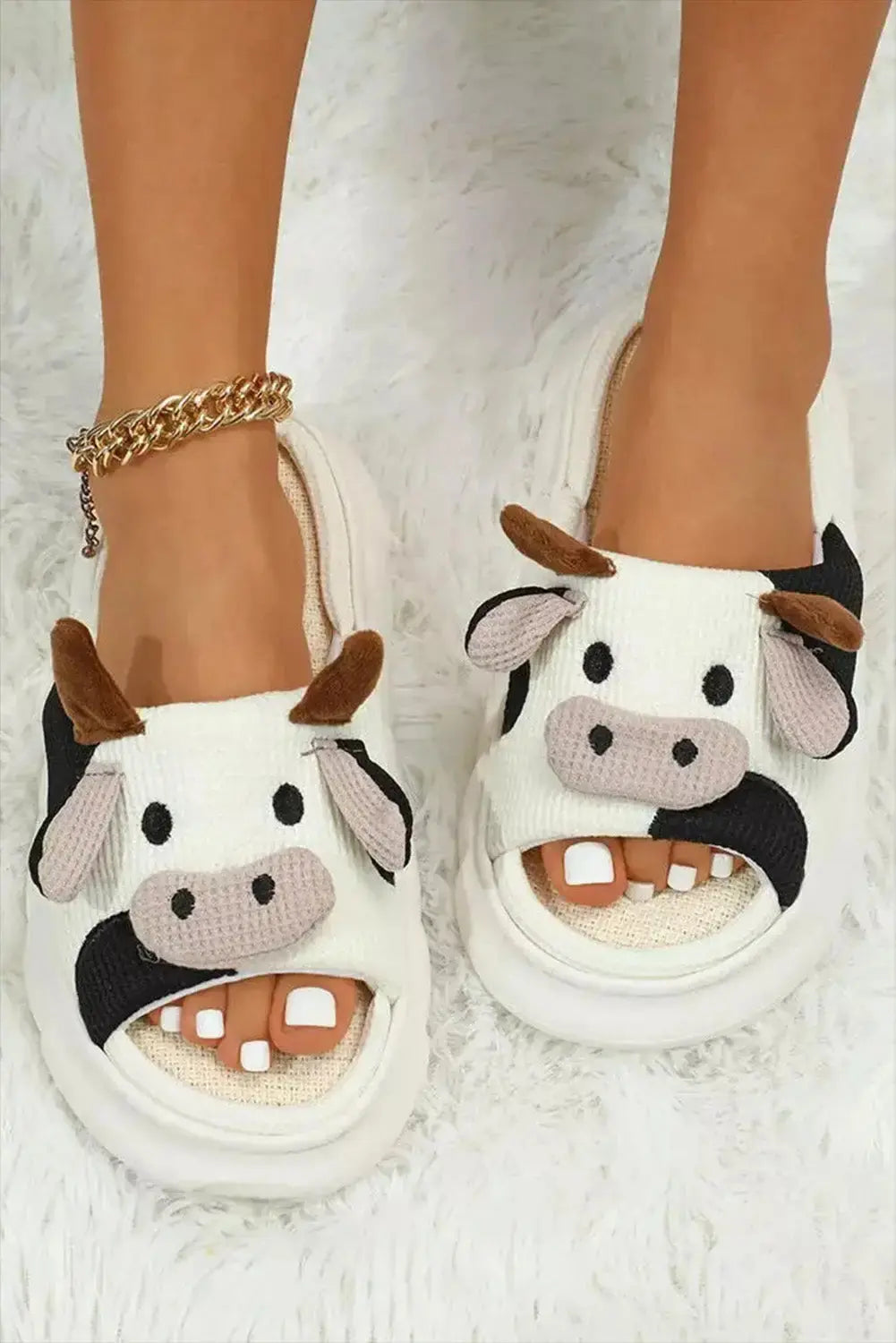 Bright White Cute Cow Pattern Open Toe Slippers-0