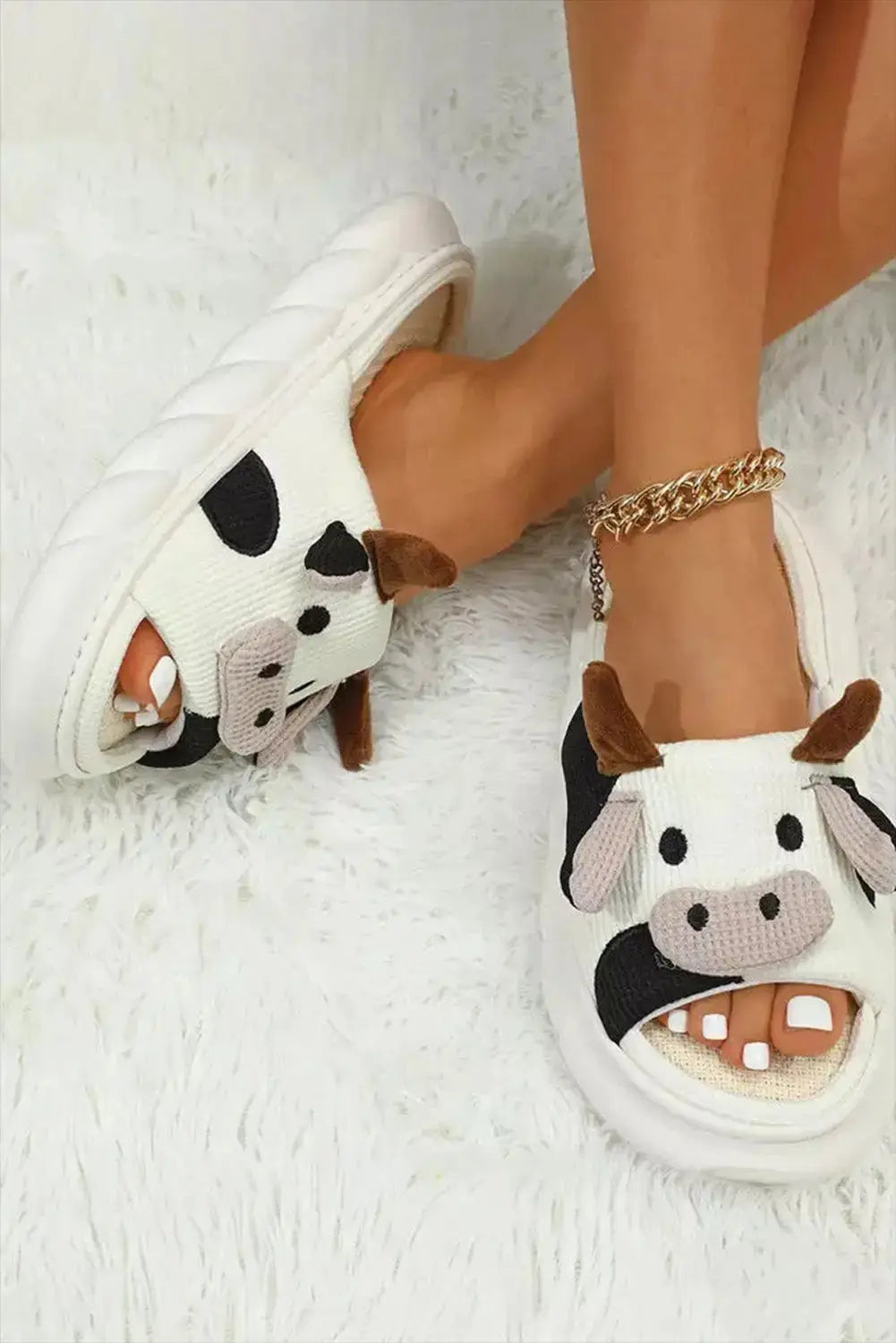 Bright White Cute Cow Pattern Open Toe Slippers-2