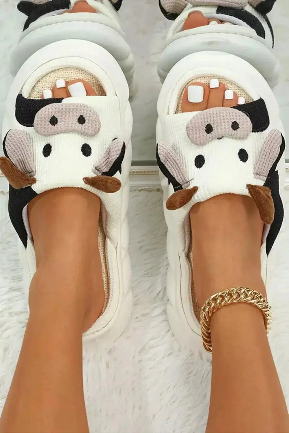 Bright White Cute Cow Pattern Open Toe Slippers-3