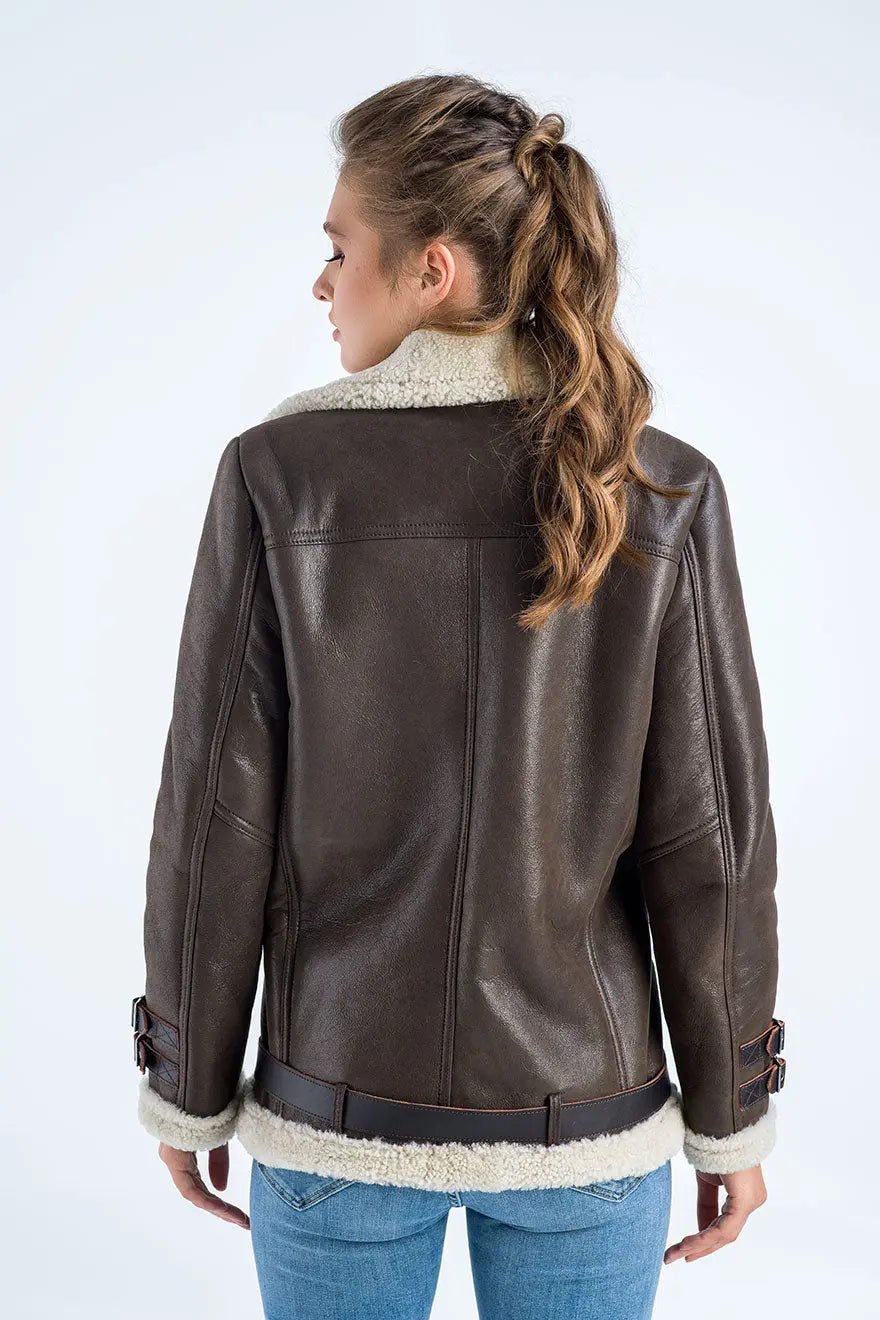 Brown Biker Bomber Sheepskin Jacket with Cream Shearling Fur-1