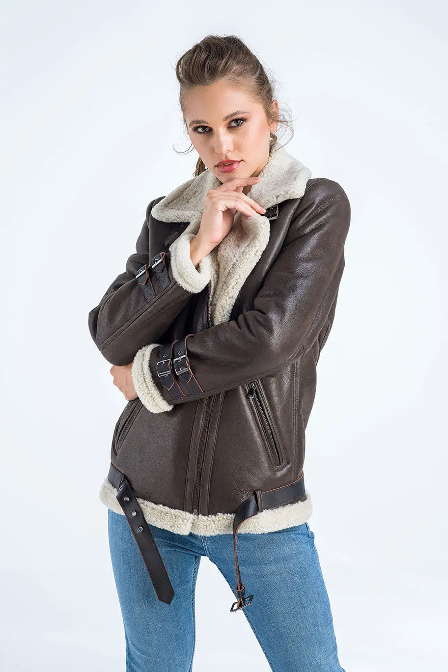 Brown Biker Bomber Sheepskin Jacket with Cream Shearling Fur-2