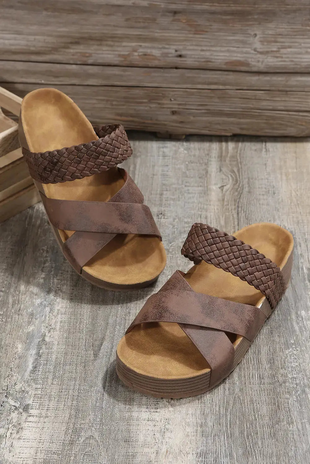 Brown Braided PU Leather Platform Slippers-4