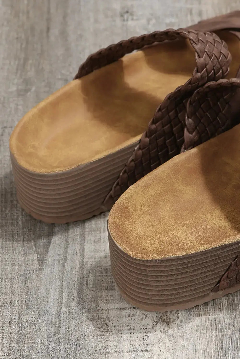 Brown Braided PU Leather Platform Slippers-6