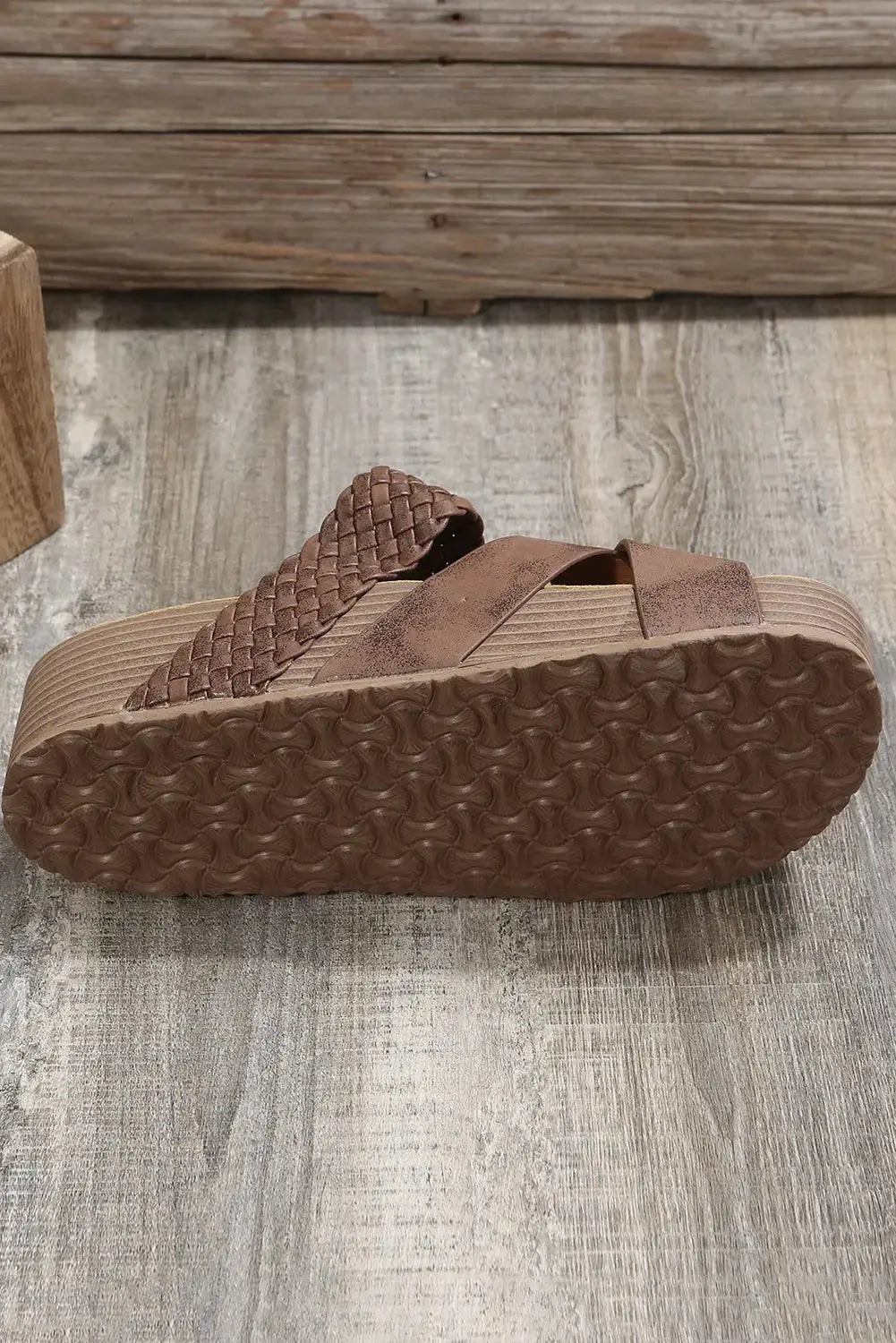 Brown Braided PU Leather Platform Slippers-7