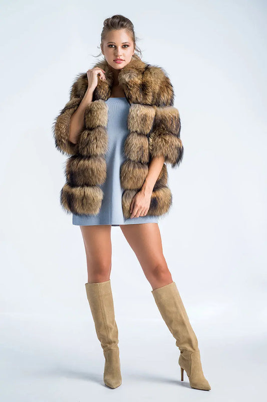 Brown Coat Style Short Sleeve Genuine Raccoon Fur Vest-0