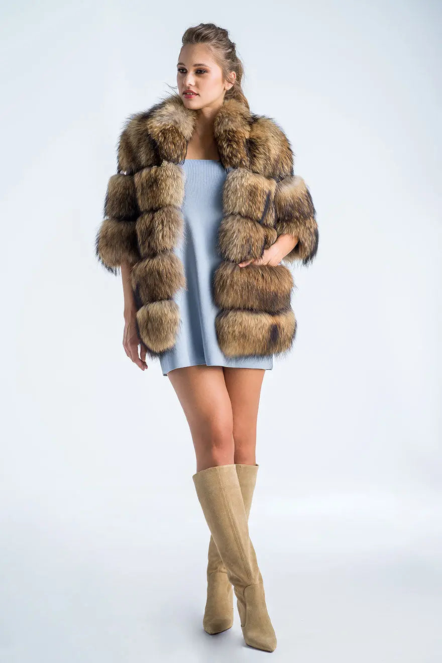 Brown Coat Style Short Sleeve Genuine Raccoon Fur Vest-4