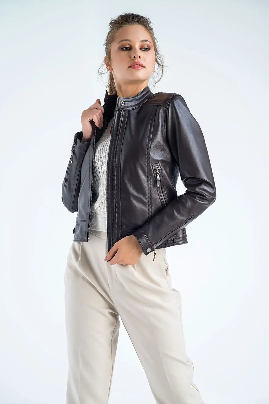 Brown Genuine Cropped Leather Jacket-0