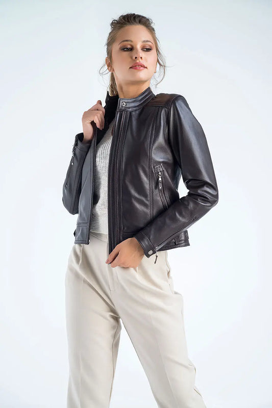 Brown Genuine Cropped Leather Jacket-0