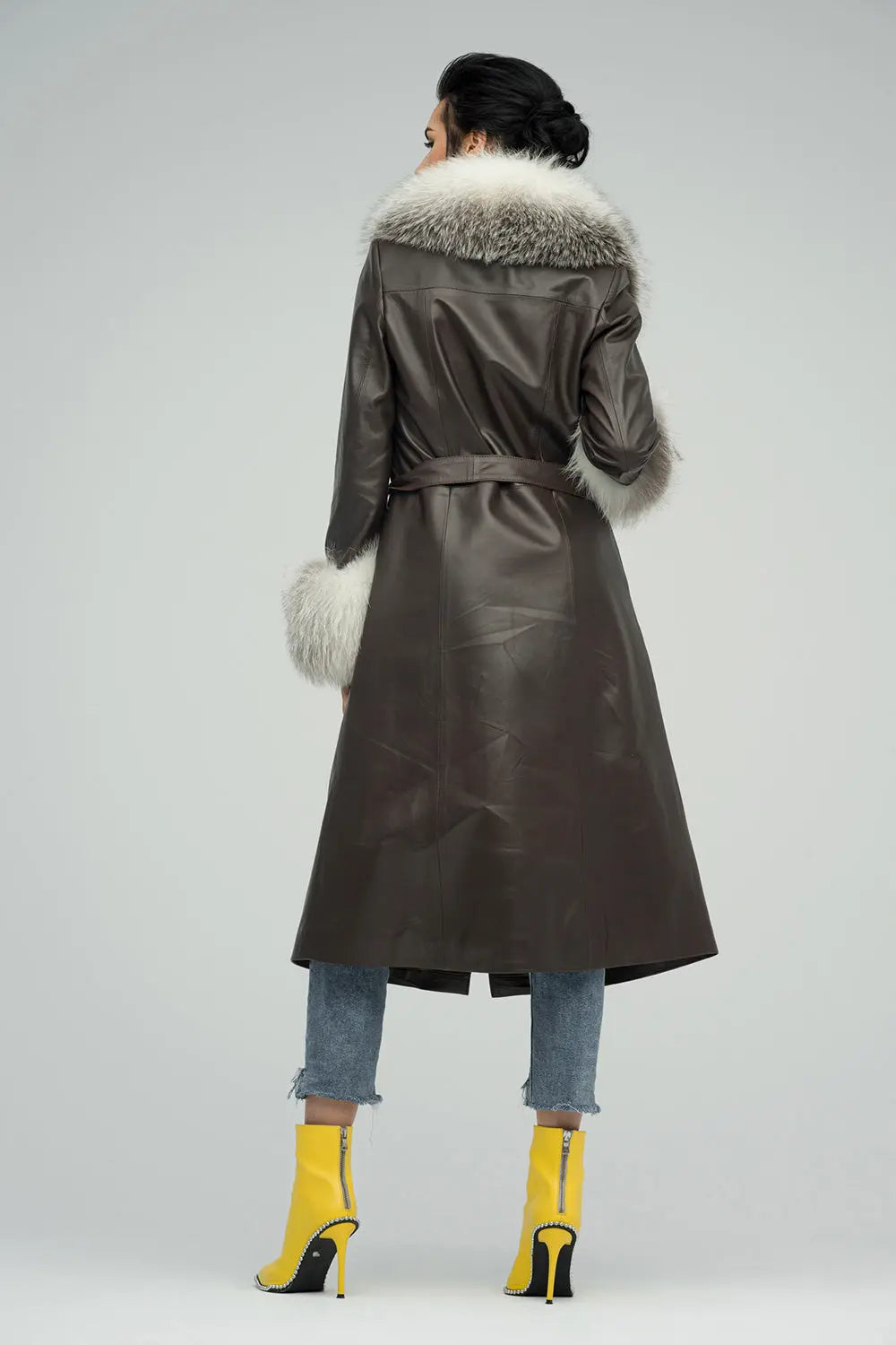 Brown Genuine Maxi Lambskin Overcoat with Arctic Fox Fur Collar and Cuffs-1