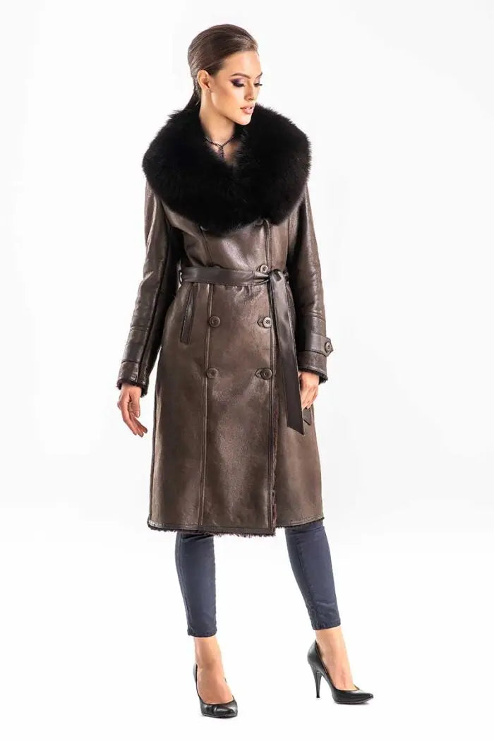 Brown Genuine Merino Shearling Coat with Arctic Fox Fur Collar-0