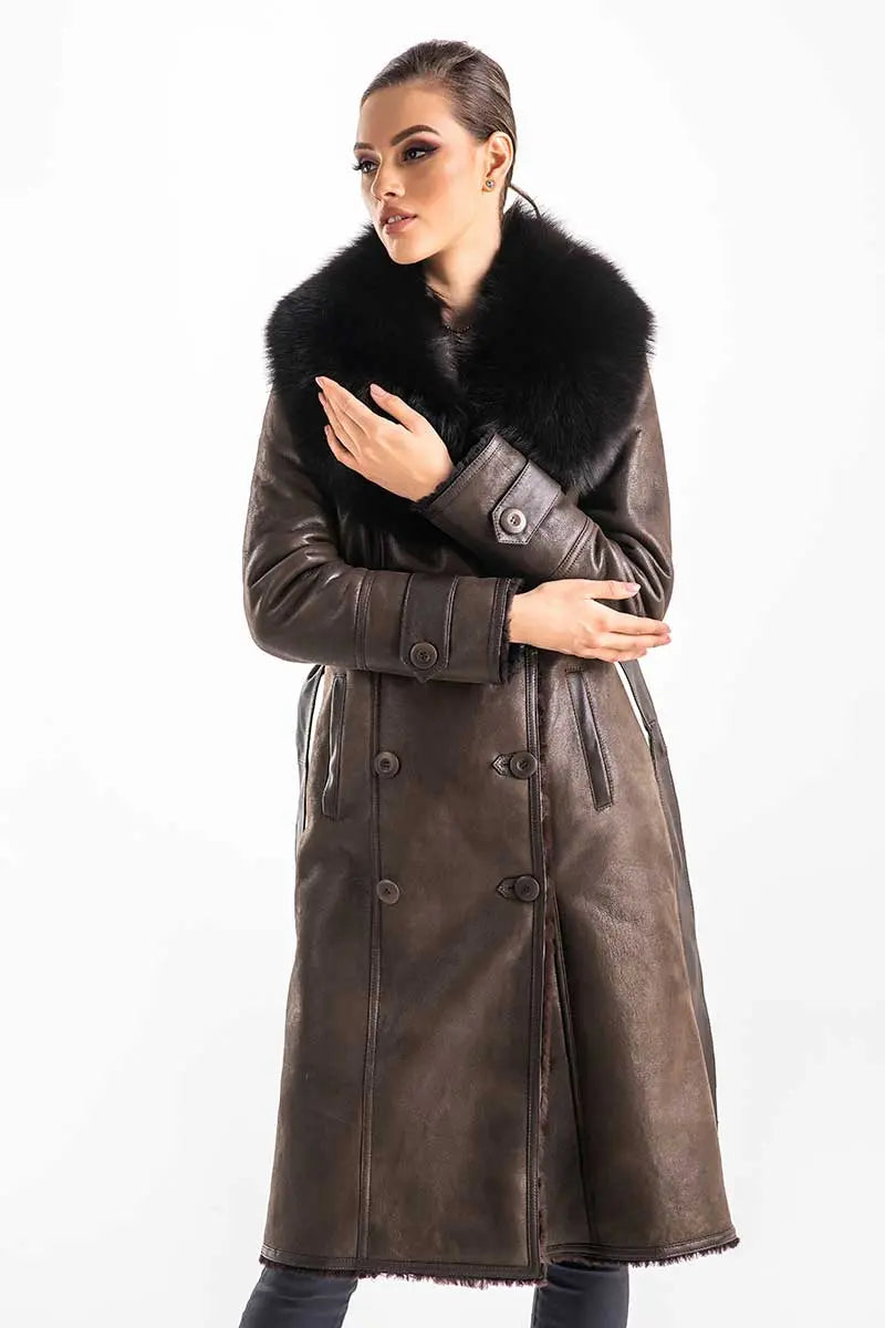 Brown Genuine Merino Shearling Coat with Arctic Fox Fur Collar-2