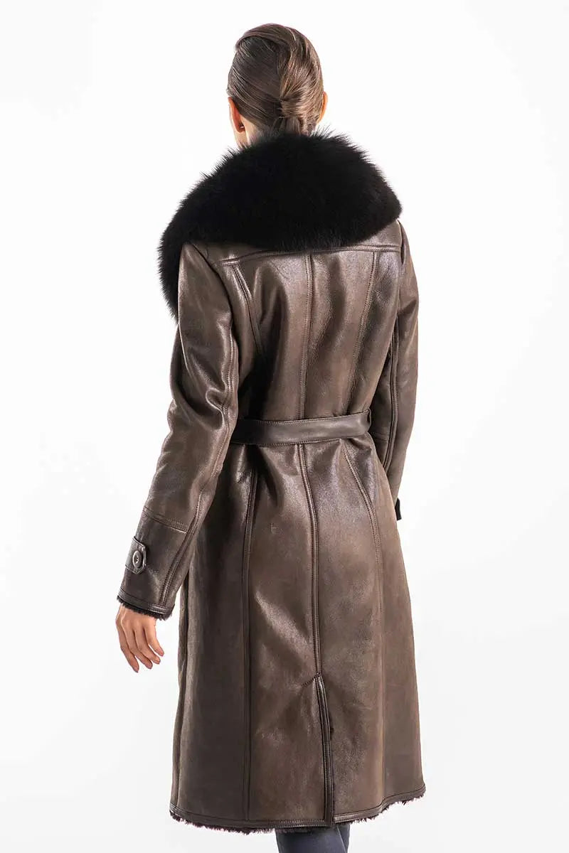 Brown Genuine Merino Shearling Coat with Arctic Fox Fur Collar-3