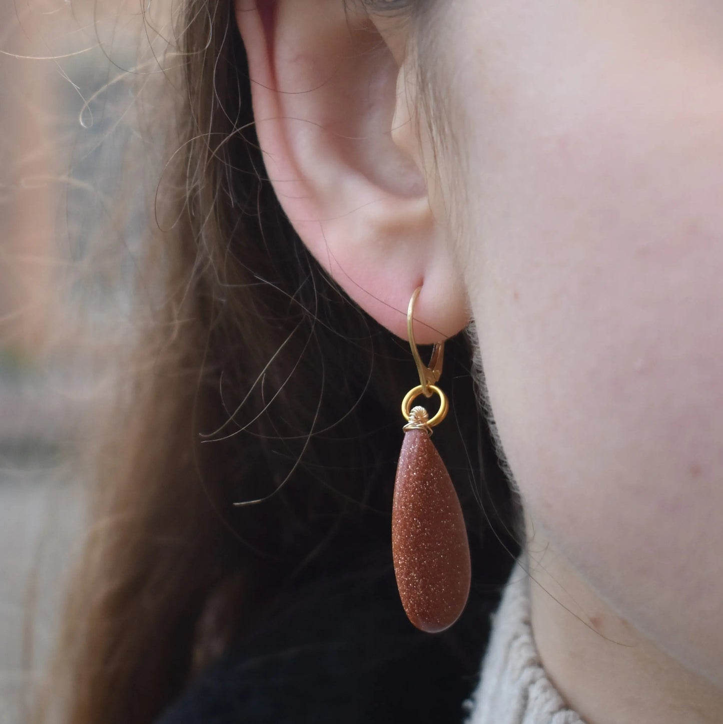 Brown Goldstone Yellow Gold Vermeil Earrings - Memoriex