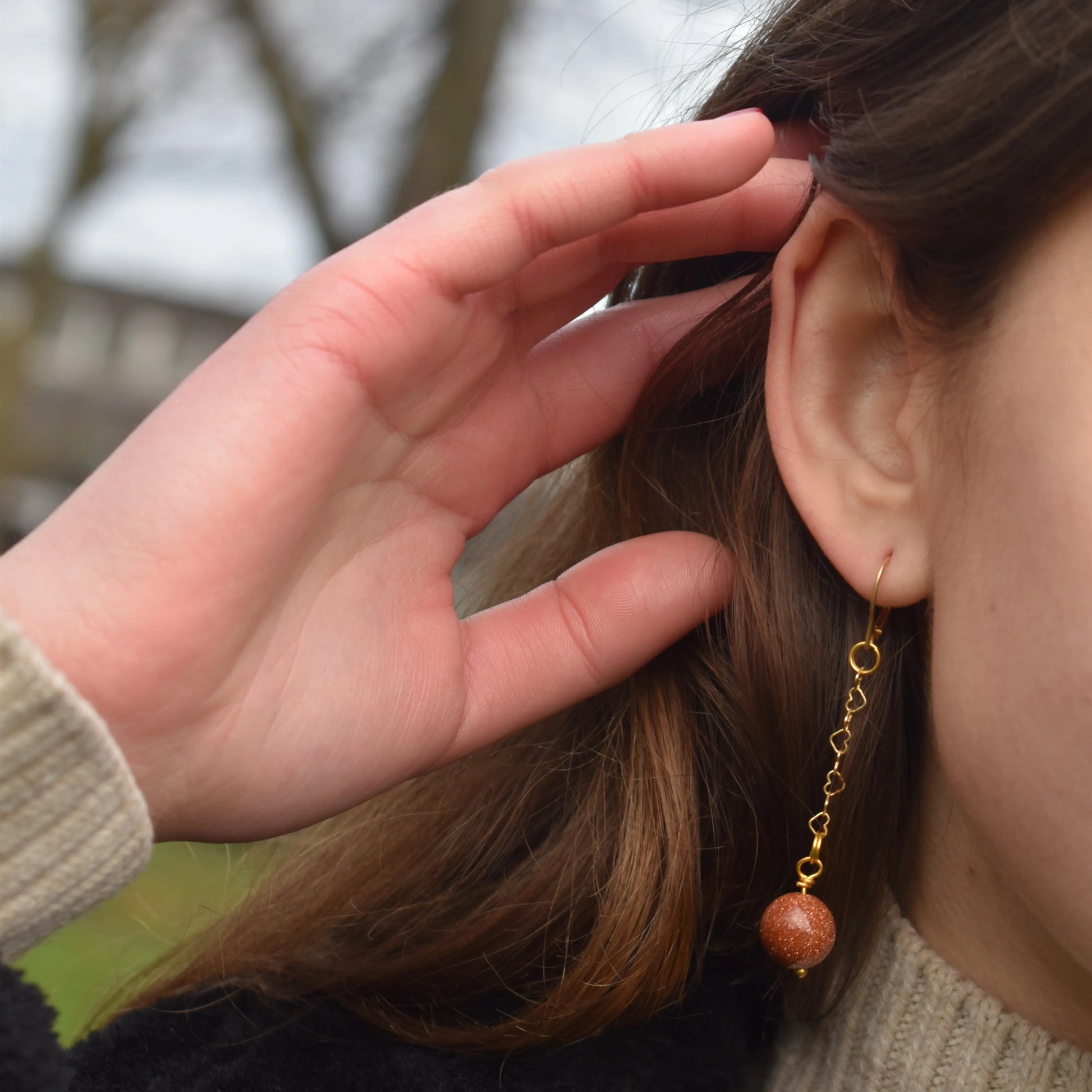 Brown Goldstone and Yellow Gold Vermeil Earrings - Memoriex