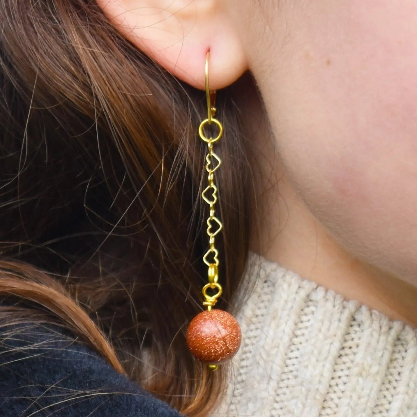 Brown Goldstone and Yellow Gold Vermeil Earrings - Memoriex