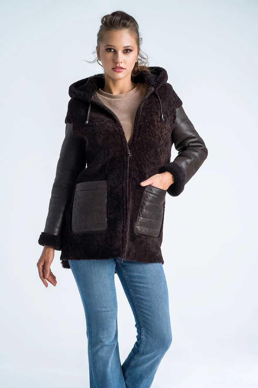 Brown Natural Shearling Sheepskin Hooded Jacket-0