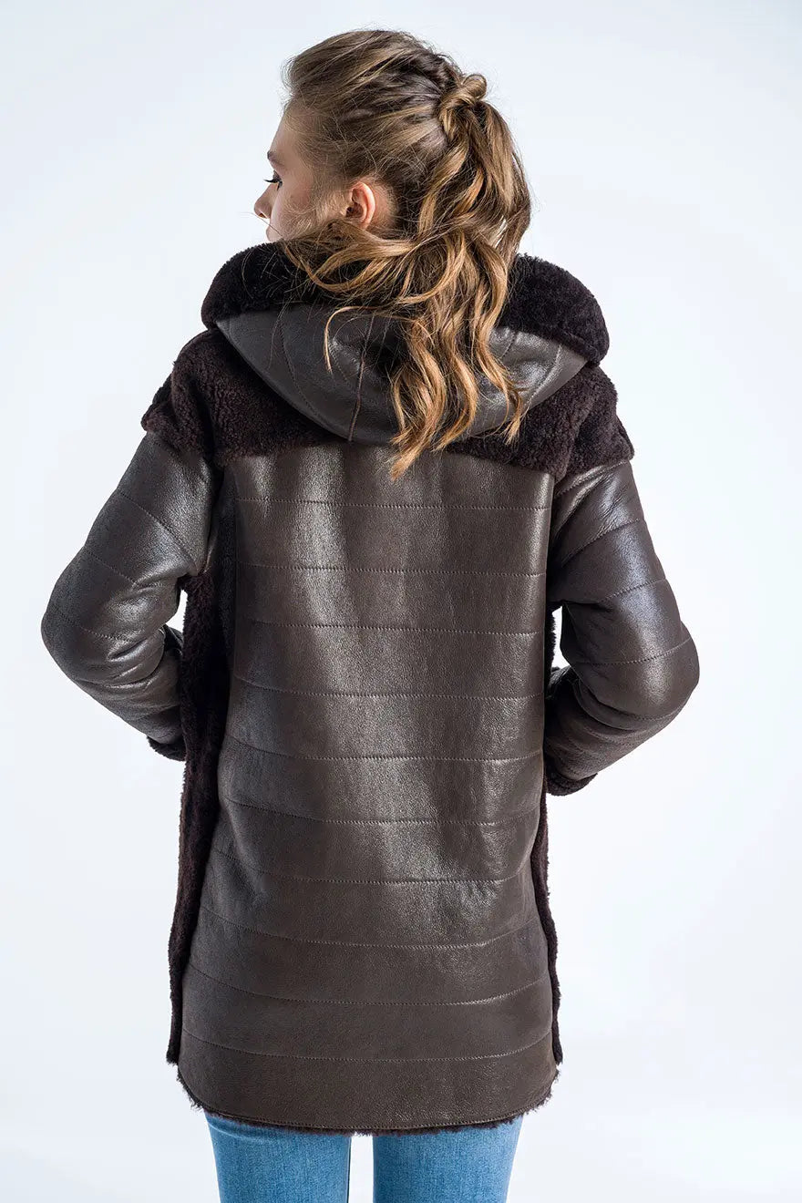 Brown Natural Shearling Sheepskin Hooded Jacket-1