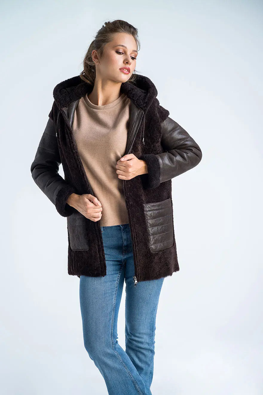 Brown Natural Shearling Sheepskin Hooded Jacket-3