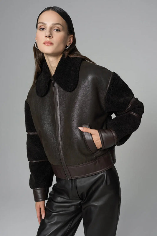 Brown Oversized Shearling Leather Jacket - Memoriex 