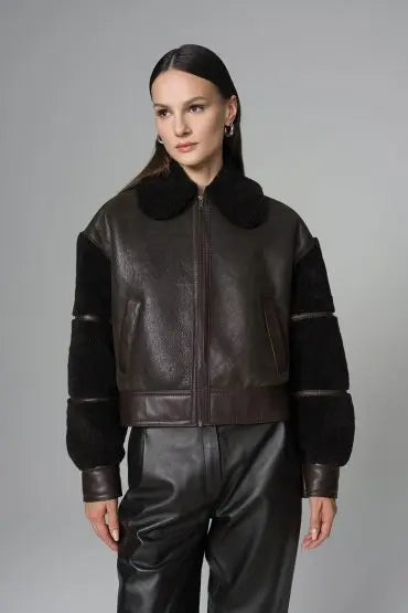 Brown Oversized Shearling Leather Jacket - Memoriex 