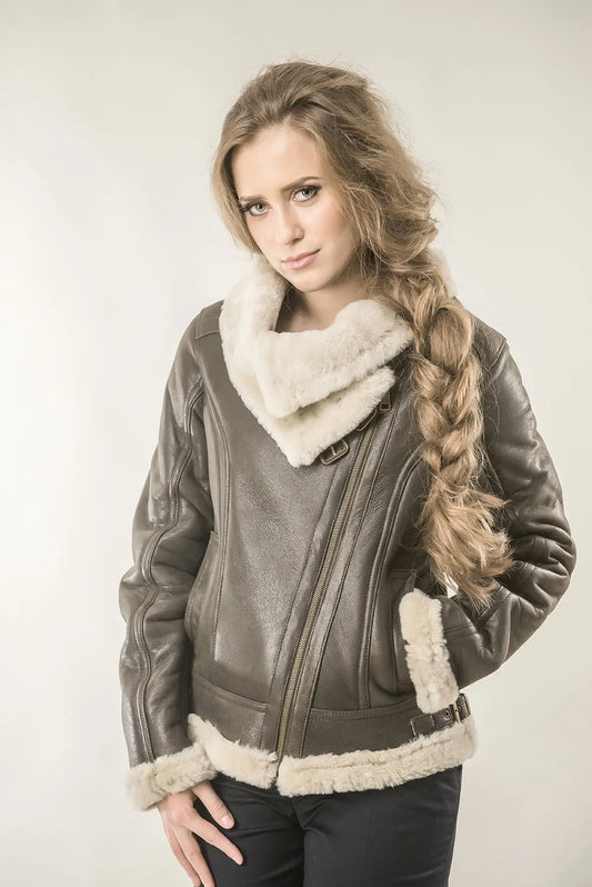 Brown Shearling Leather Biker Jacket with Merino Fur-0