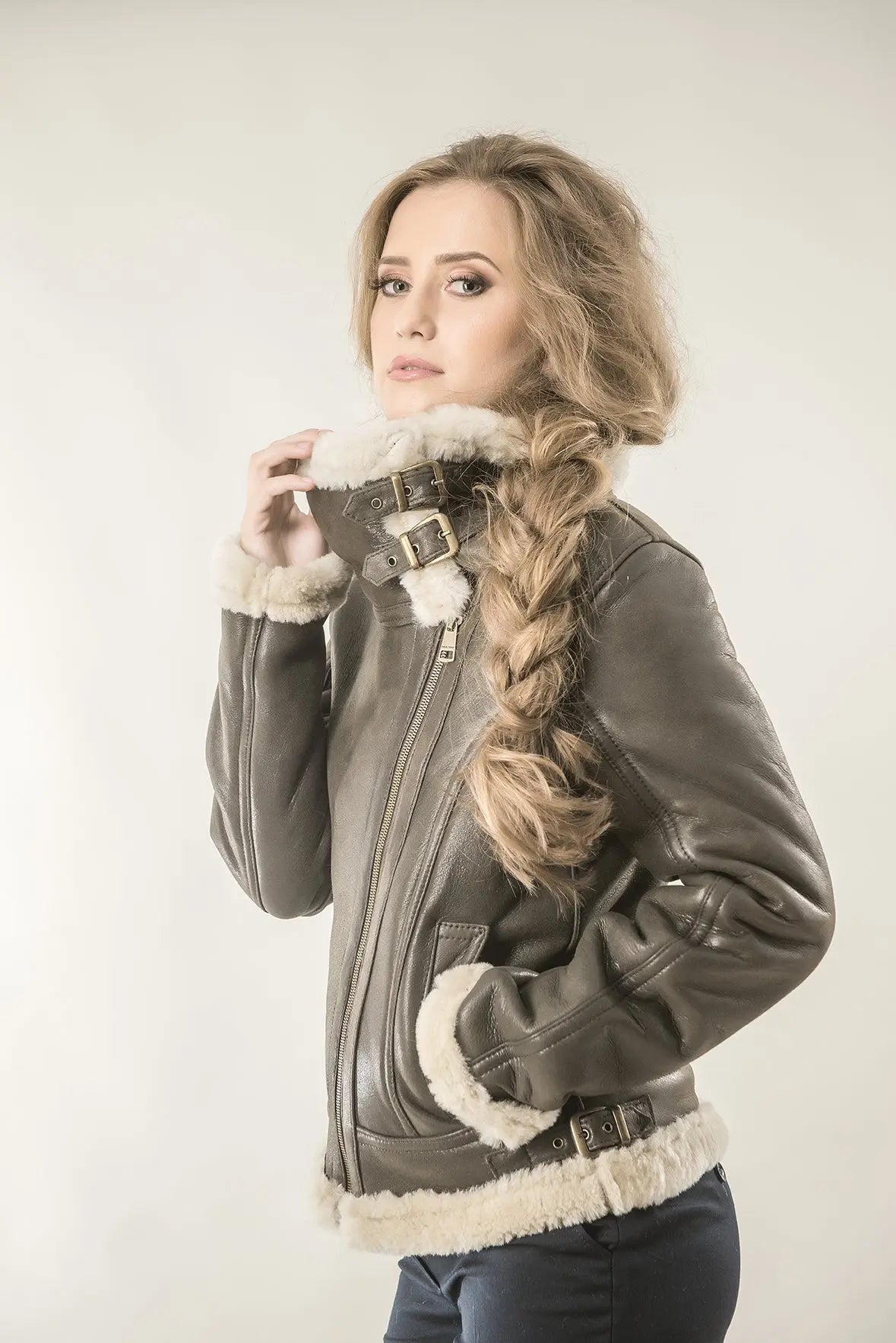 Brown Shearling Leather Biker Jacket with Merino Fur-1