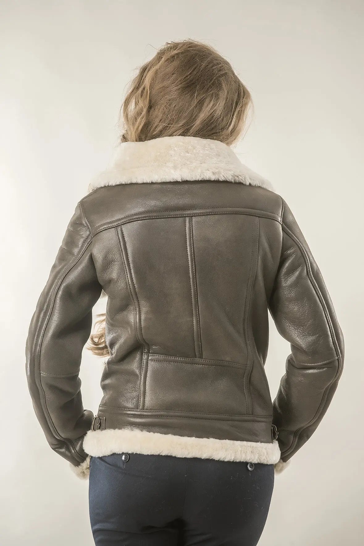 Brown Shearling Leather Biker Jacket with Merino Fur-2