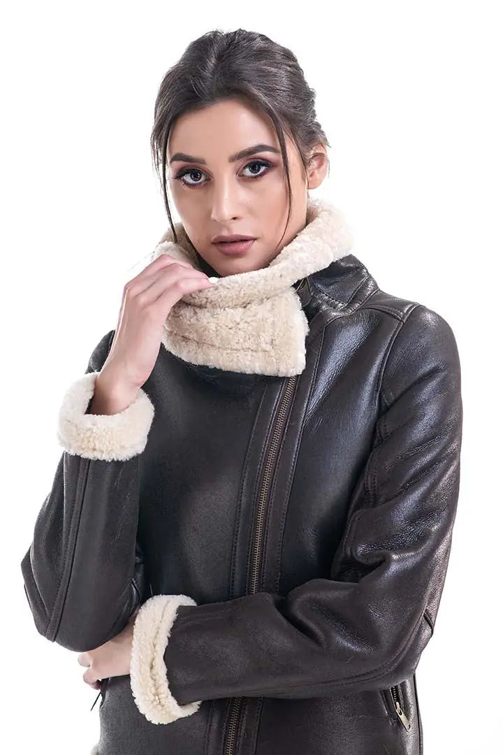 Brown Shearling Leather Jacket with Merino Fur Detailing-2