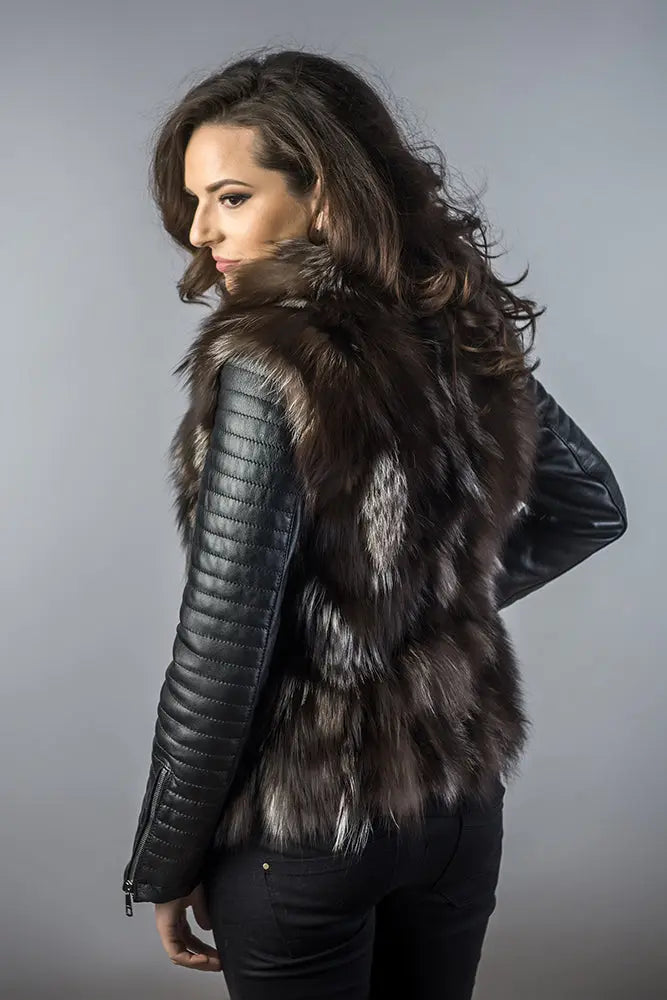 Brown Silver Genuine Arctic Fox Fur Lamb Nappa Leather Jacket-1