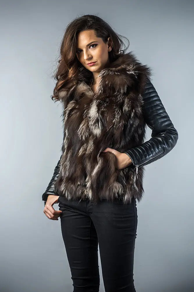 Brown Silver Genuine Arctic Fox Fur Lamb Nappa Leather Jacket-2