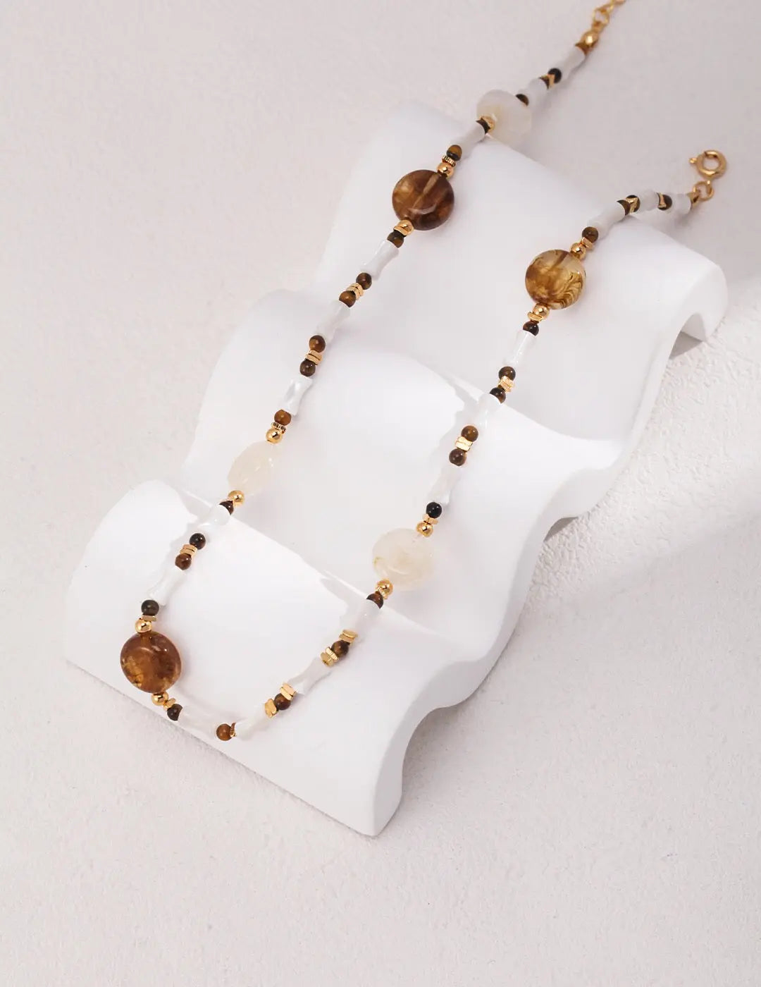 Brown Tiger Eye Stone Shell Beaded Necklace - Memoriex