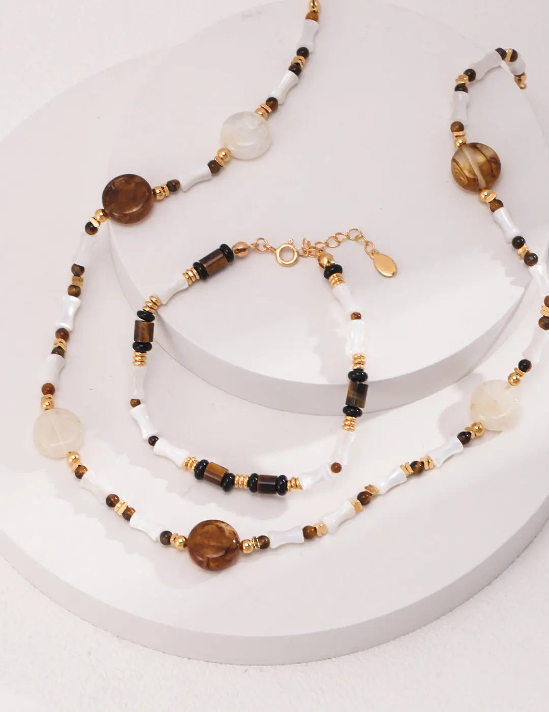 Brown Tiger Eye Stone Shell Beaded Necklace - Memoriex