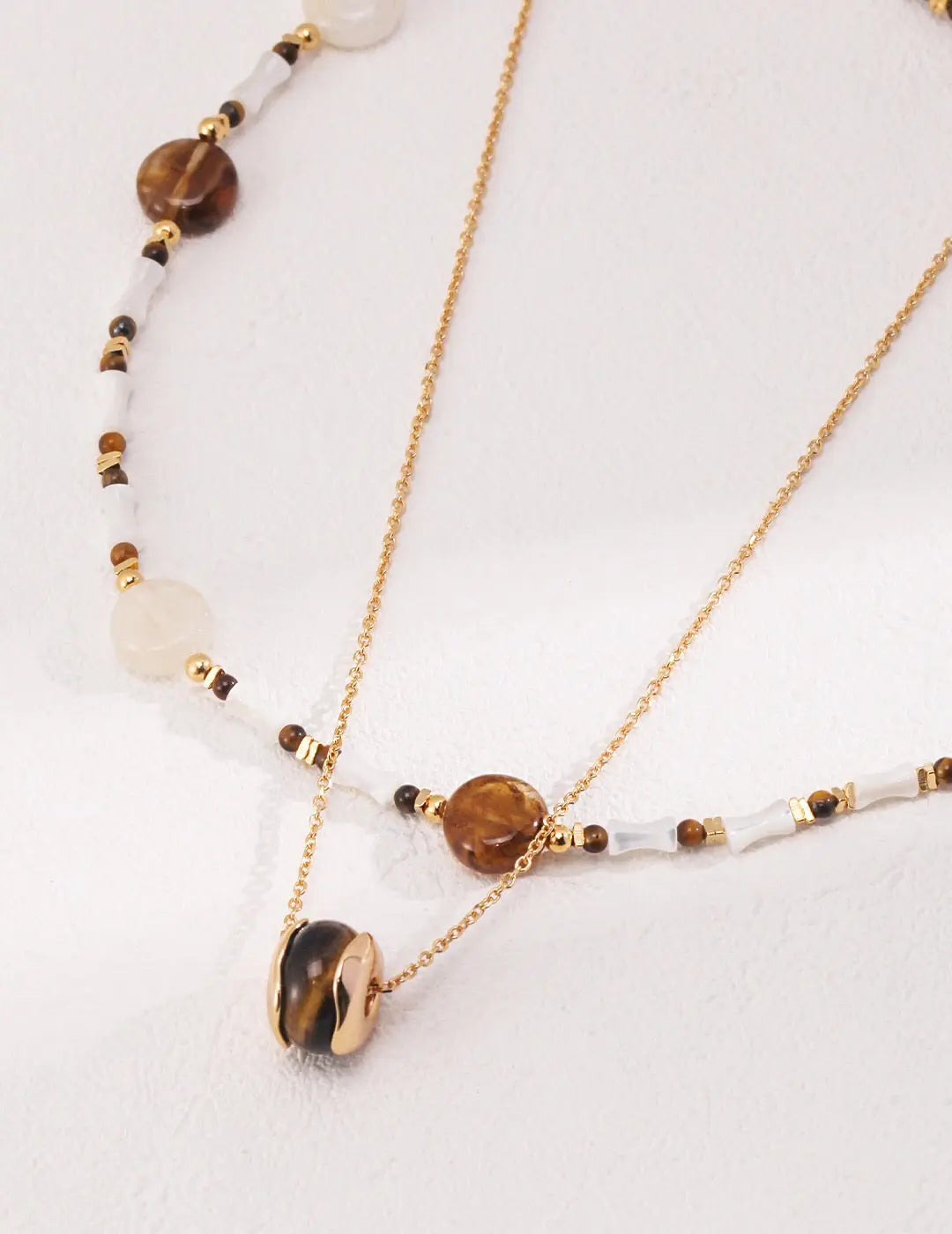 Brown Tiger Eye Stone Shell Beaded Necklace - Memoriex