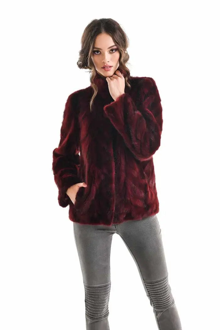 Burgundy Luxury Genuine Mink Fur Jacket-0