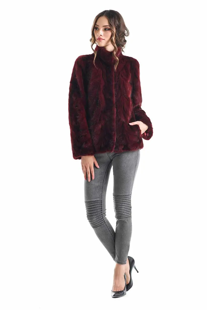 Burgundy Luxury Genuine Mink Fur Jacket-2