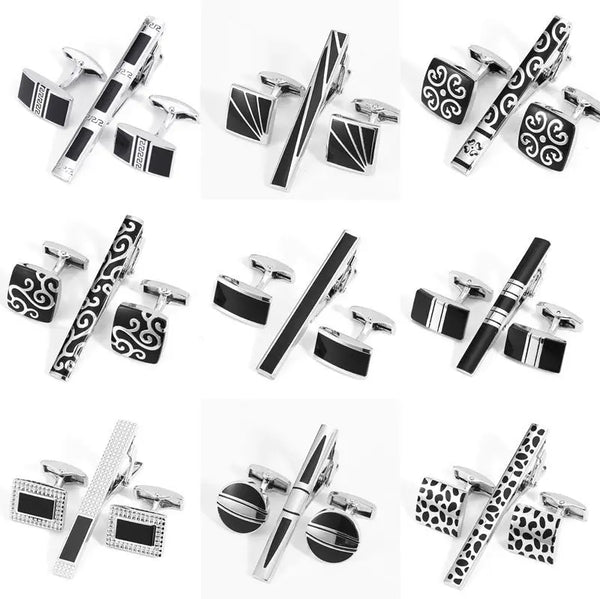 Business Fashion Men's Suit Cuff Tie Accessories Black Three Piece Set Cufflinks Tie Clip Set Gift - Memoriex 