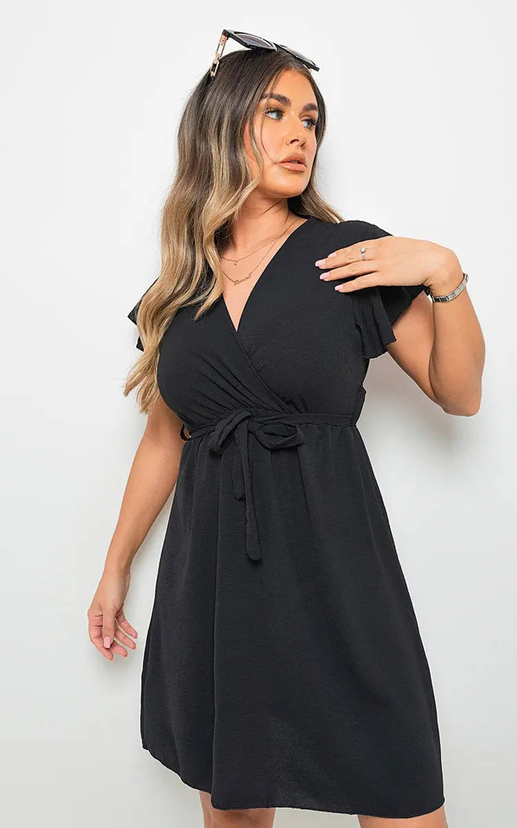 Butterfly Sleeve Belted Wrap Mini Dress-20