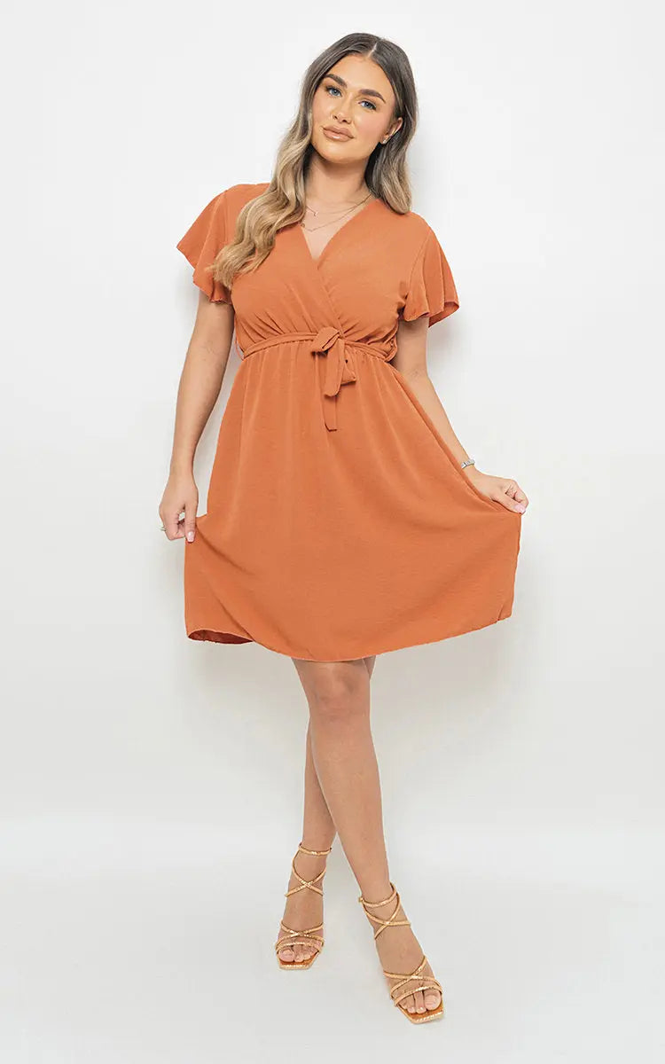 Butterfly Sleeve Belted Wrap Mini Dress-8